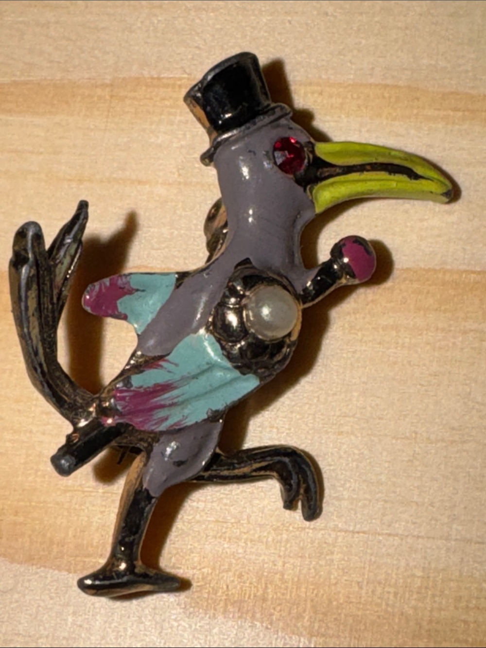 Decorative Bird Brooch Pin in Gray, Teal & Yellow